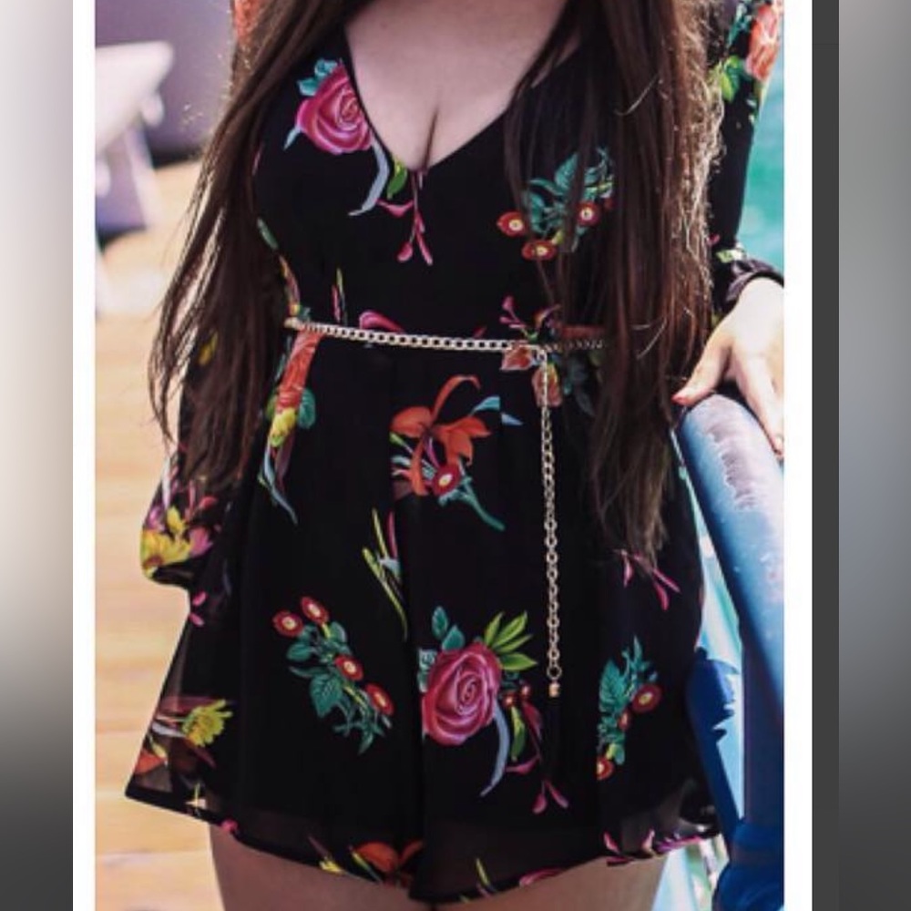 Love Tree Long Sleeve Romper Black with Multicolor Flowers and Gold Belt Womens